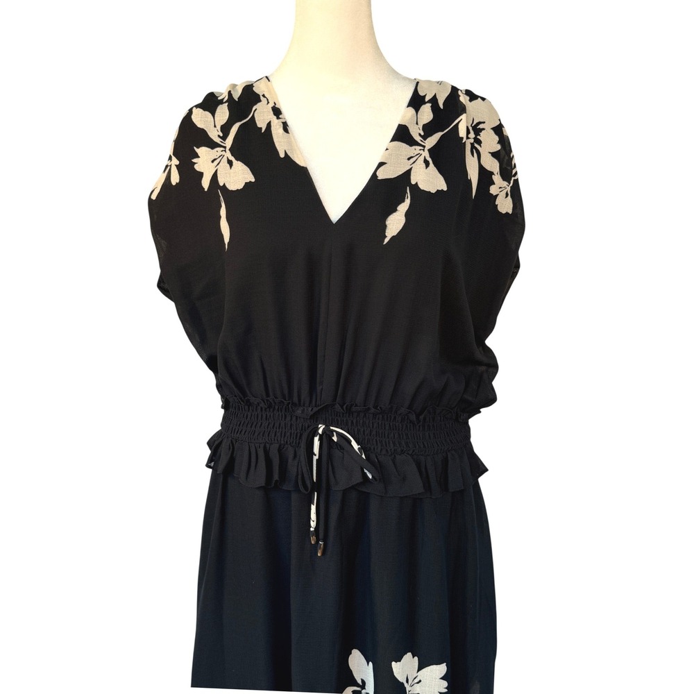 Taylor Womens Black Cream Floral V-Neck Smocked Waist Maxi Dress Cap Sleeve - Picture 4 of 9